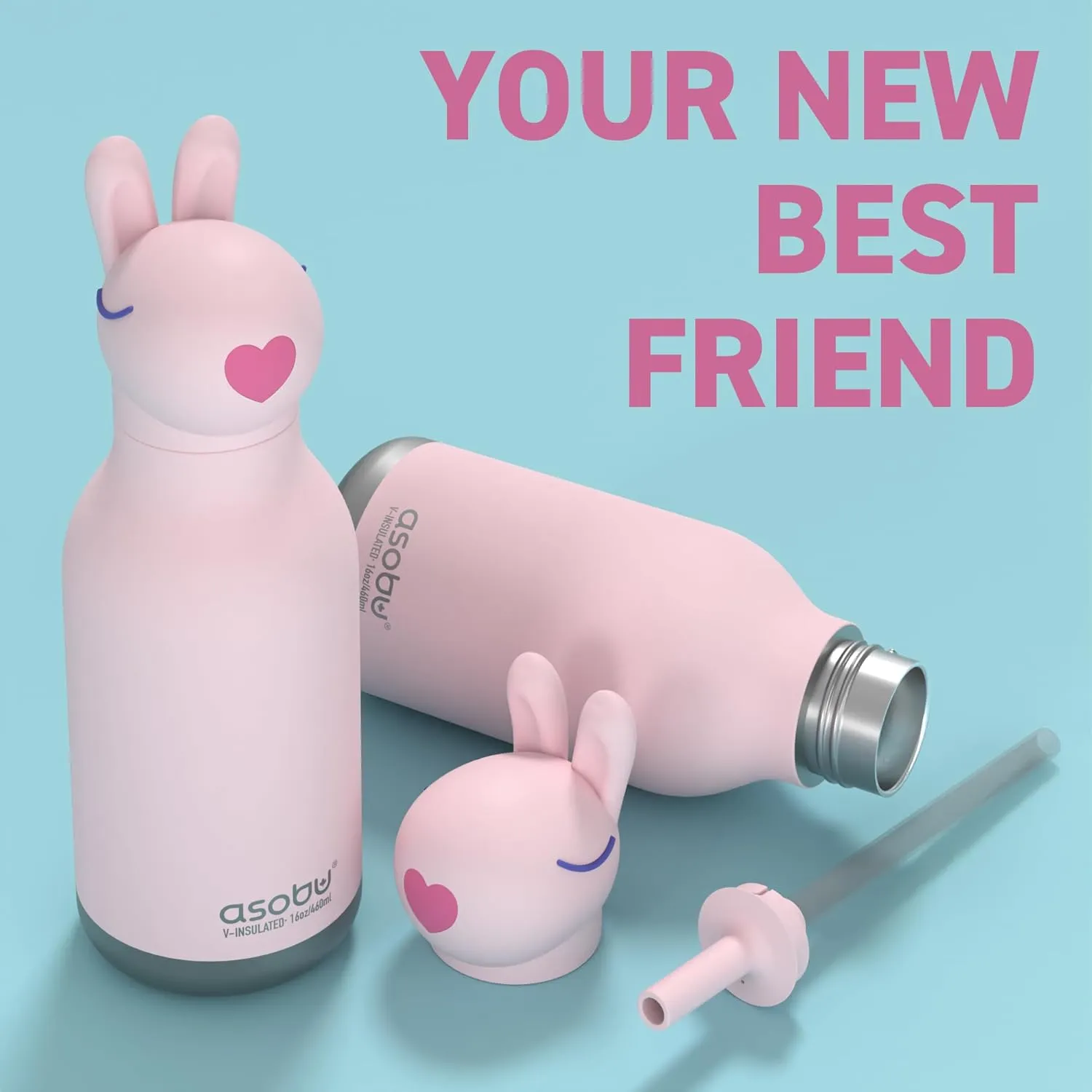 asobu Bestie Bottle Insulated Stainless Steel Water Bottle with Detachable Soft Animal Head Fun Drinking For Kids and Teens with Flexible Reusable Straw 16 Ounce (Bunny)