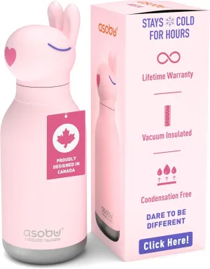 asobu Bestie Bottle Insulated Stainless Steel Water Bottle with Detachable Soft Animal Head Fun Drinking For Kids and Teens with Flexible Reusable Straw 16 Ounce (Bunny)