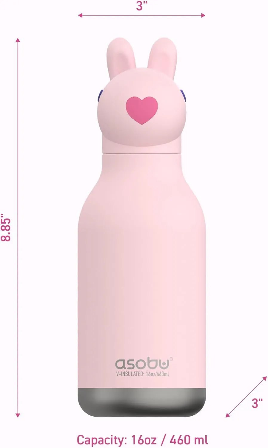 asobu Bestie Bottle Insulated Stainless Steel Water Bottle with Detachable Soft Animal Head Fun Drinking For Kids and Teens with Flexible Reusable Straw 16 Ounce (Bunny)