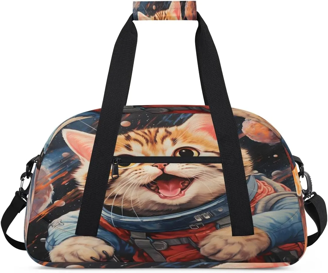 Astronaut cat Kids Overnighter Duffel Bags for Boys, Carry-On Size Sports Gym Bag with Front Zipper Pocket for School Practice or Overnight Travel Weekender Sleepover Tote Bag
