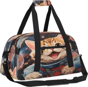 Astronaut cat Kids Overnighter Duffel Bags for Boys, Carry-On Size Sports Gym Bag with Front Zipper Pocket for School Practice or Overnight Travel Weekender Sleepover Tote Bag