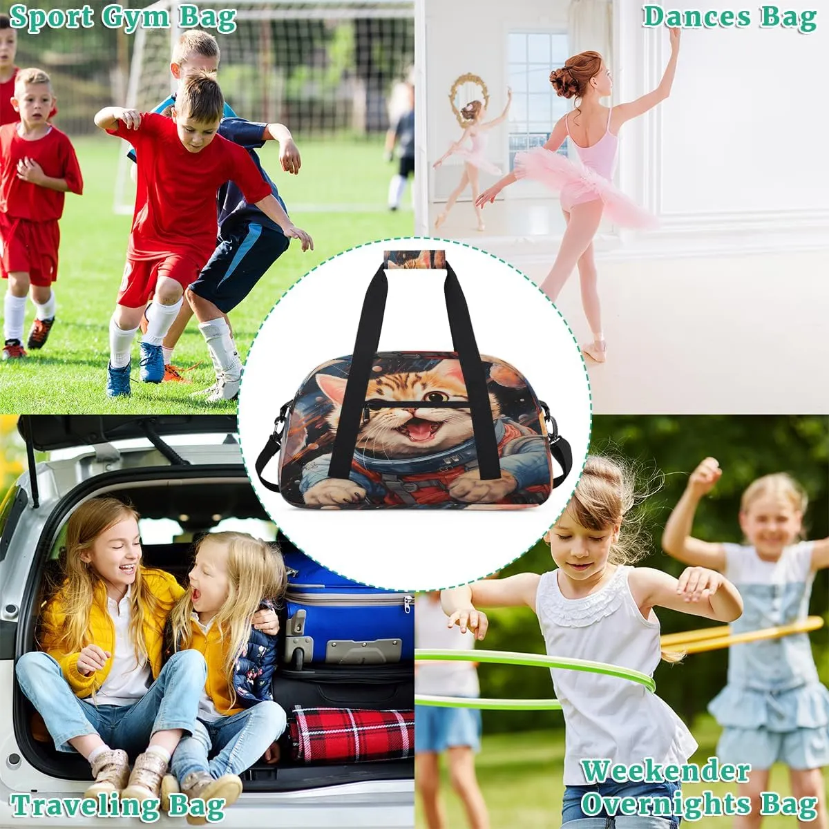 Astronaut cat Kids Overnighter Duffel Bags for Boys, Carry-On Size Sports Gym Bag with Front Zipper Pocket for School Practice or Overnight Travel Weekender Sleepover Tote Bag
