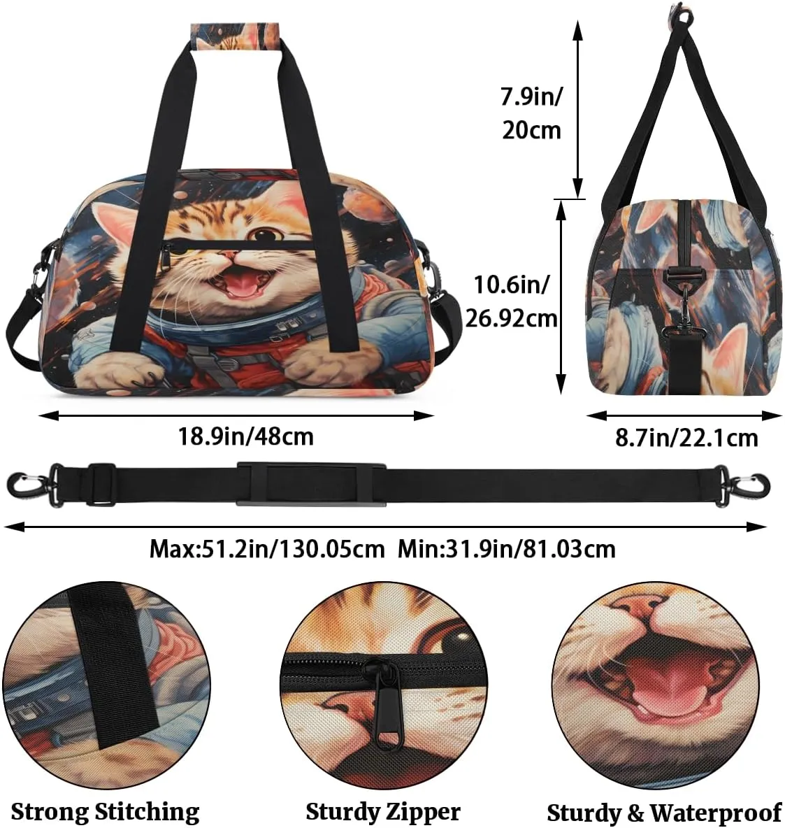 Astronaut cat Kids Overnighter Duffel Bags for Boys, Carry-On Size Sports Gym Bag with Front Zipper Pocket for School Practice or Overnight Travel Weekender Sleepover Tote Bag