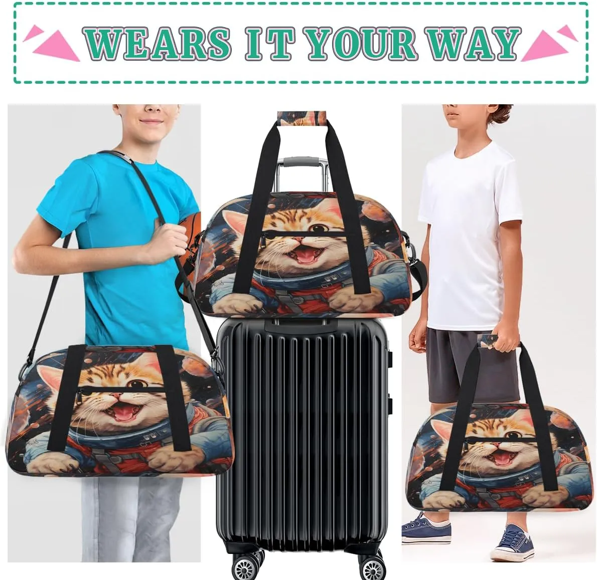 Astronaut cat Kids Overnighter Duffel Bags for Boys, Carry-On Size Sports Gym Bag with Front Zipper Pocket for School Practice or Overnight Travel Weekender Sleepover Tote Bag