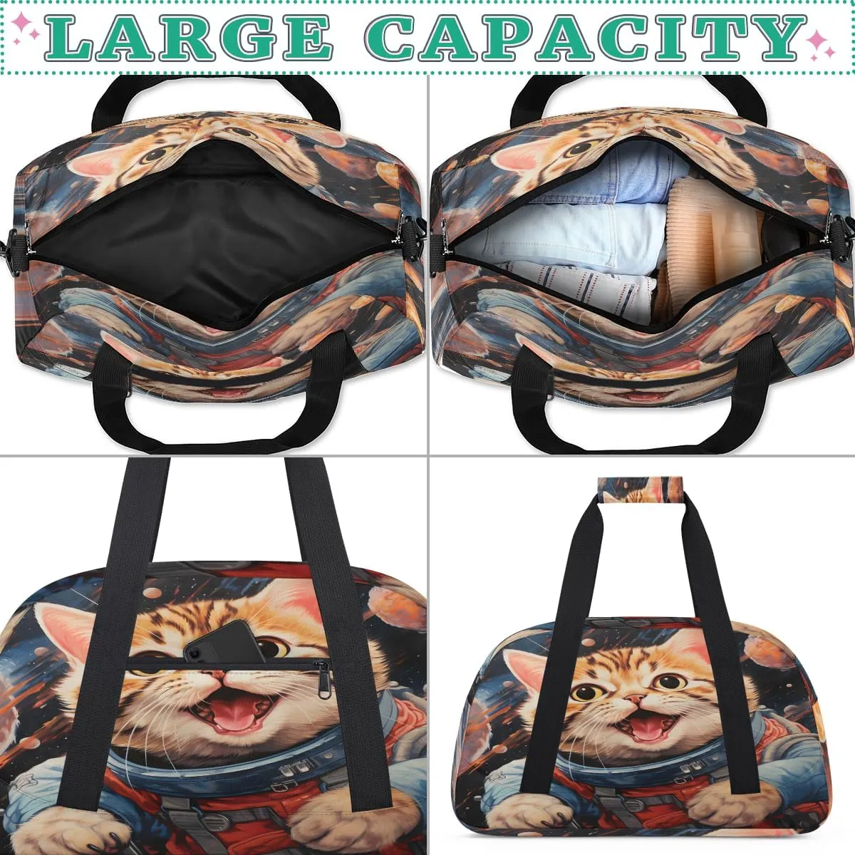 Astronaut cat Kids Overnighter Duffel Bags for Boys, Carry-On Size Sports Gym Bag with Front Zipper Pocket for School Practice or Overnight Travel Weekender Sleepover Tote Bag