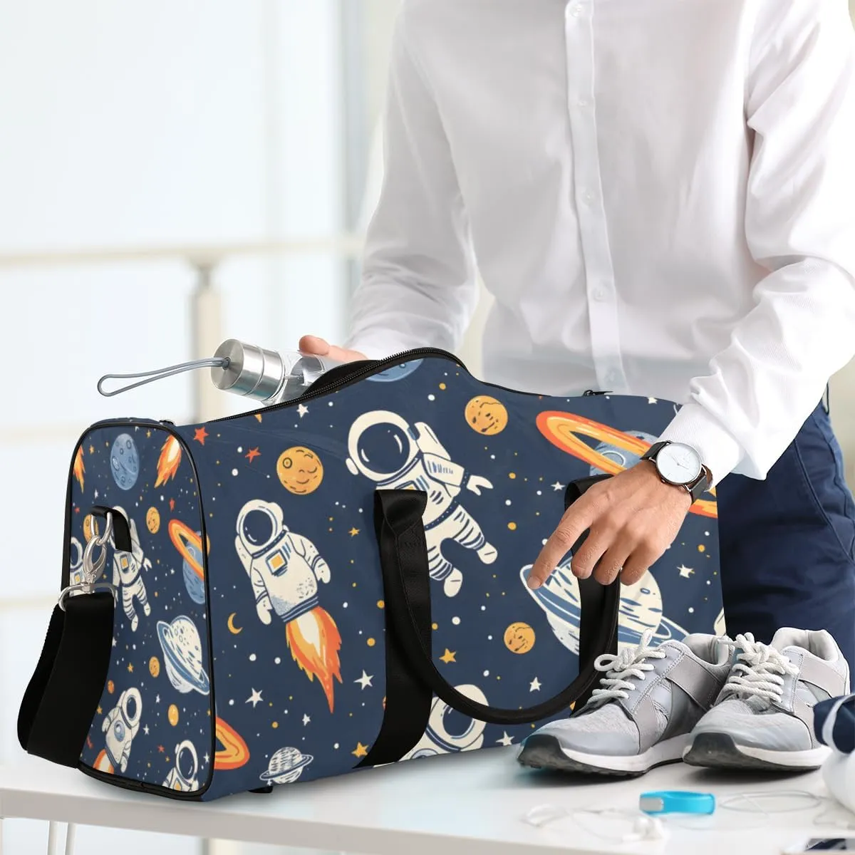 Astronaut Travel Duffle Bag for Women Men Gym Duffel Foldable Bag Waterproof Weekender Rocket Planets Duffle Tote