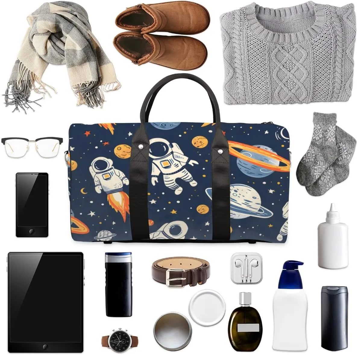 Astronaut Travel Duffle Bag for Women Men Gym Duffel Foldable Bag Waterproof Weekender Rocket Planets Duffle Tote