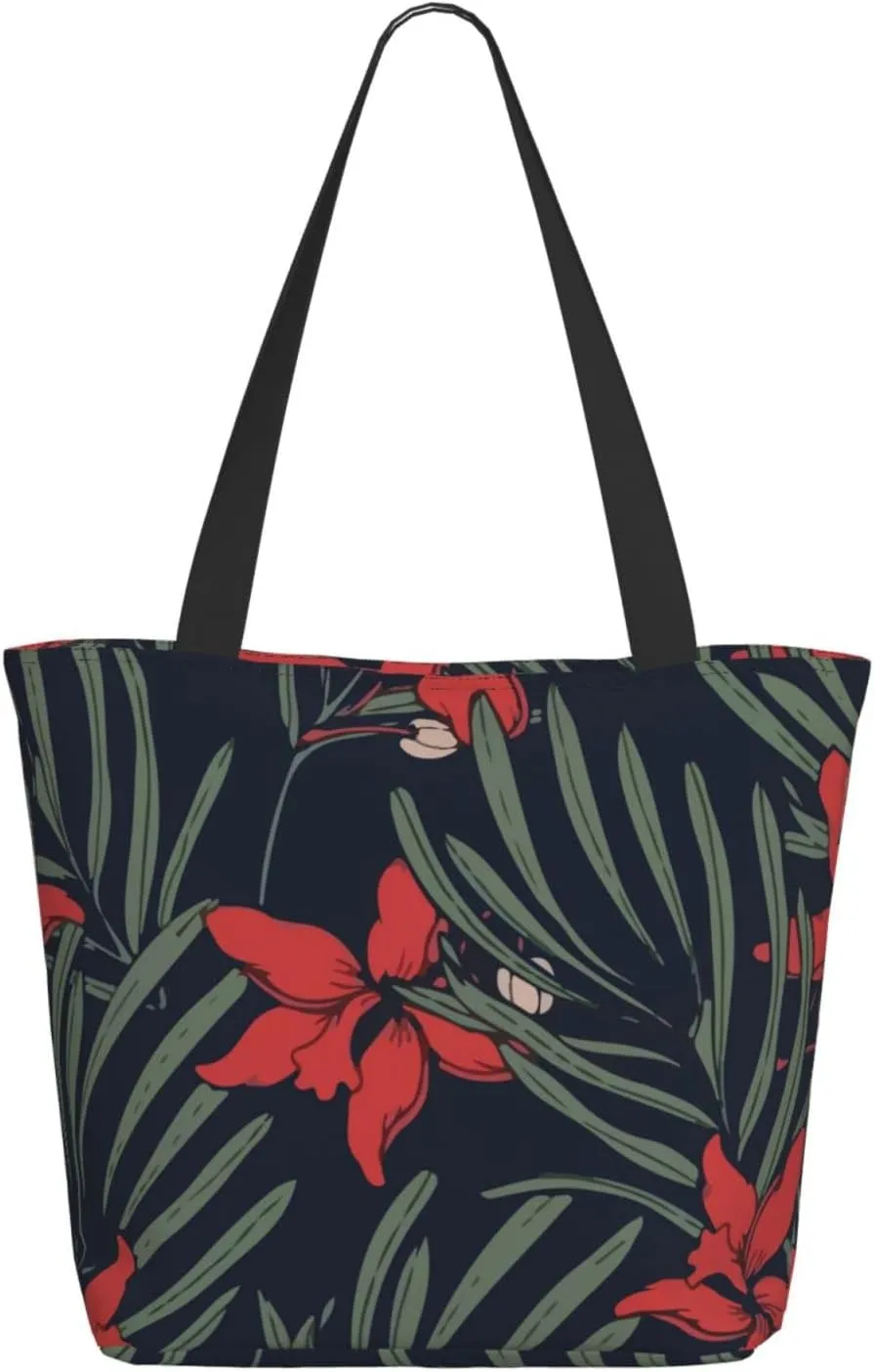 Augenstern Women Shoulder Bag Hawaiian-Tropical-Raft-Floral Foldable Tote Bag With Zipper Closure Casual Shopping Purse Daily Bag