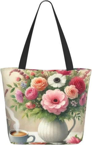 Augenstern Women Shoulder Bag Morning-Bloom-And-Coffee Foldable Tote Bag With Zipper Closure Casual Shopping Purse Daily Bag