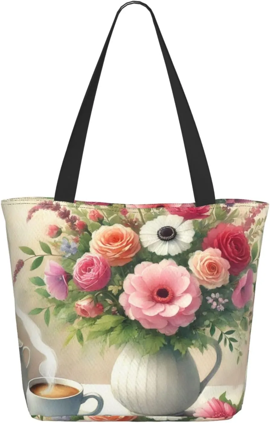 Augenstern Women Shoulder Bag Morning-Bloom-And-Coffee Foldable Tote Bag With Zipper Closure Casual Shopping Purse Daily Bag