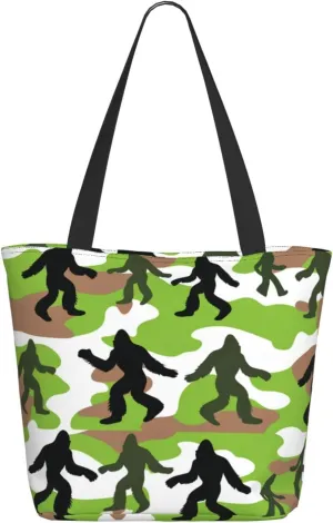 Augenstern Women Shoulder Bag Sasquacth-Camouflage-Poses Foldable Tote Bag With Zipper Closure Casual Shopping Purse Daily Bag