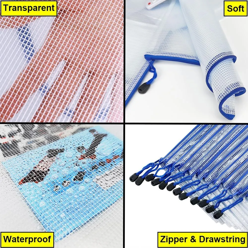AUSTARK 10 Pcs Zipper File Bags, Waterproof Plastic Mesh Pouch for Office School, Board Game Storage Bags (B4 Size 15''x11'', White and Blue)