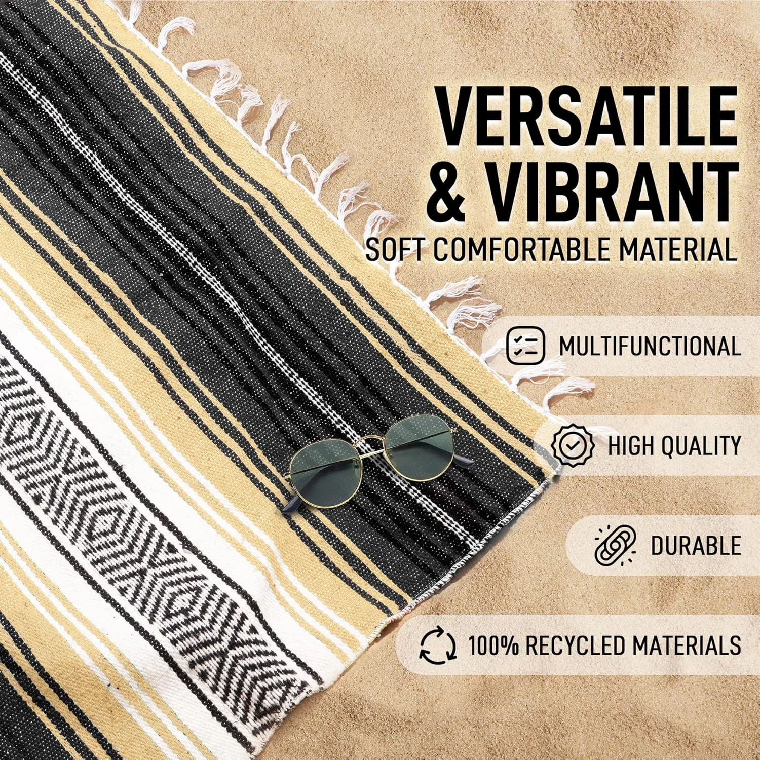 Authentic Large Handwoven Mexican Blanket - Soft Yoga Blankets - Durable Serape - Lightweight Falsa Blanket, Beach, Camping, Picnic, Equestrian Saddle, Outdoor Blankets 70"x50" - Sand