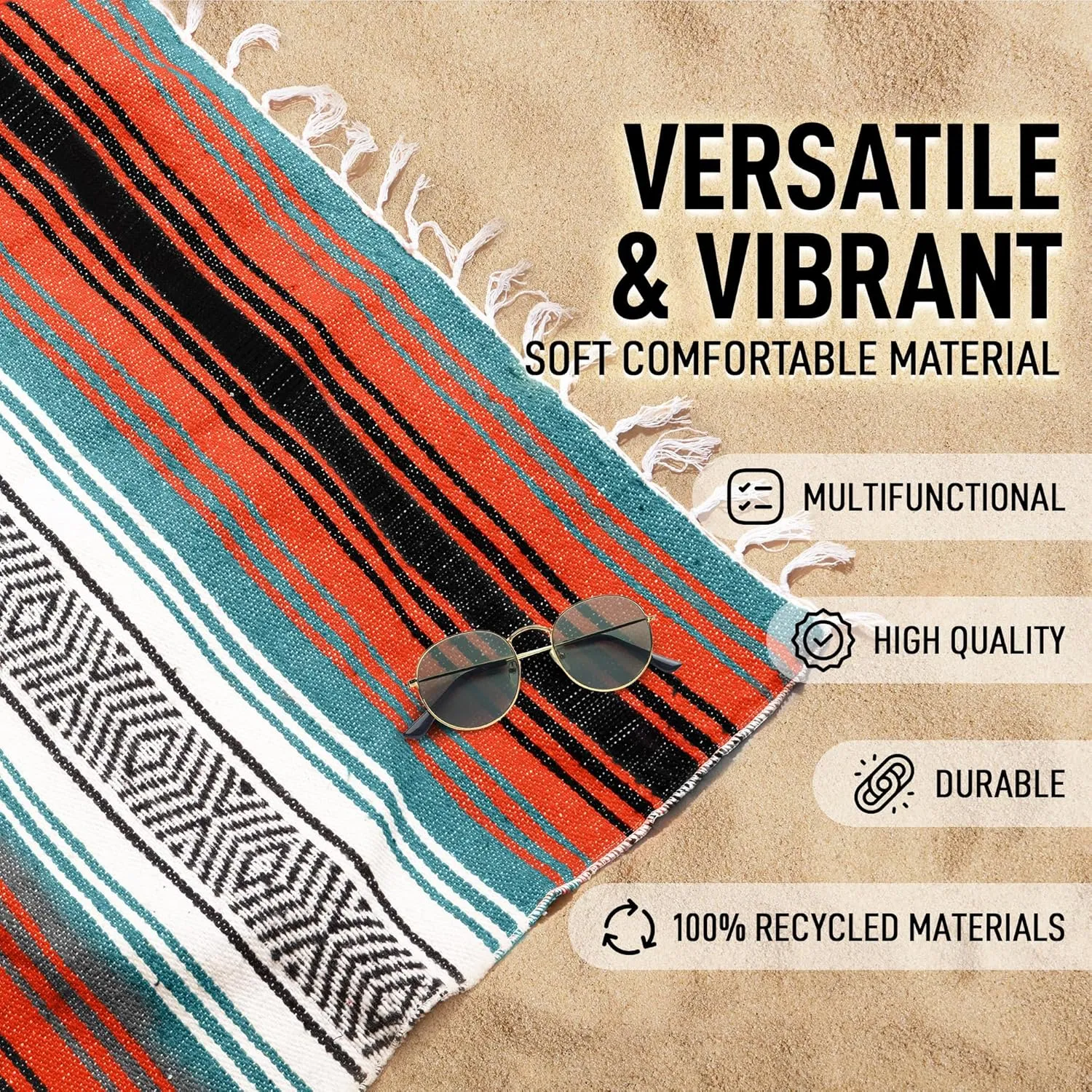 Authentic Large Handwoven Mexican Blanket - Soft Yoga - Durable Serape - Lightweight Falsa, Beach, Camping, Picnic, Outdoor 70"x50" - Mandarin