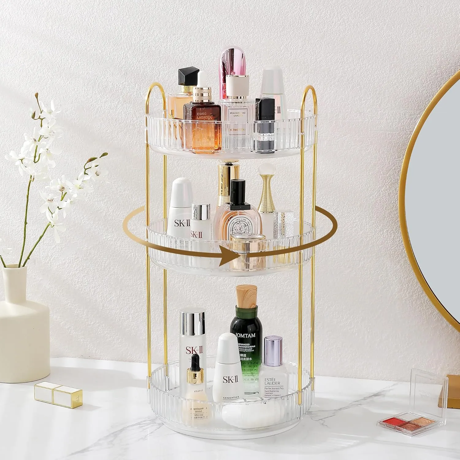 Aveniee Rotating Makeup Organizer for Vanity, 3 Tier Perfume Skincare Organizers and Storage for Bathroom Countertop, Clear Spinning Counter Cosmetic Holder for Dresser (White)