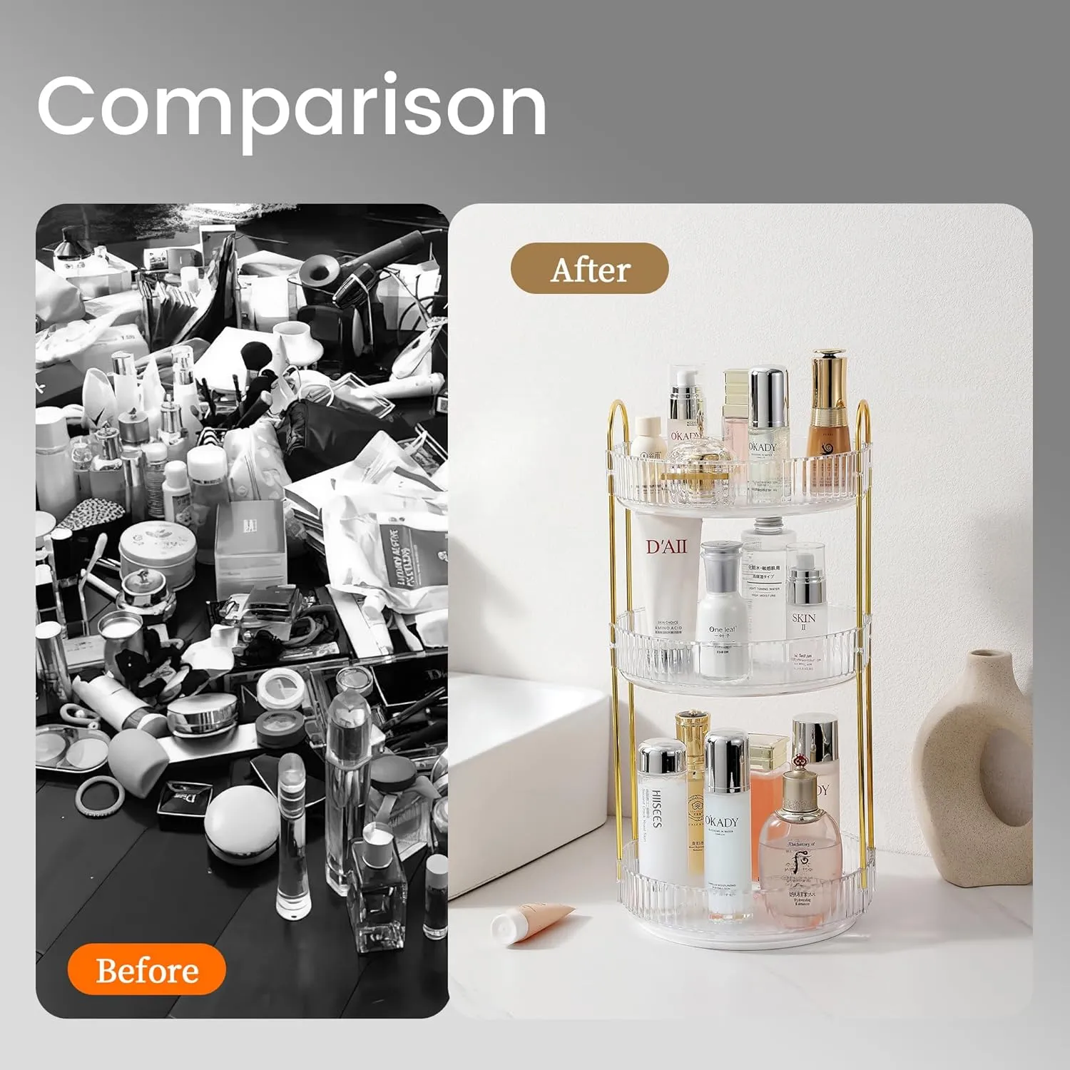 Aveniee Rotating Makeup Organizer for Vanity, 3 Tier Perfume Skincare Organizers and Storage for Bathroom Countertop, Clear Spinning Counter Cosmetic Holder for Dresser (White)