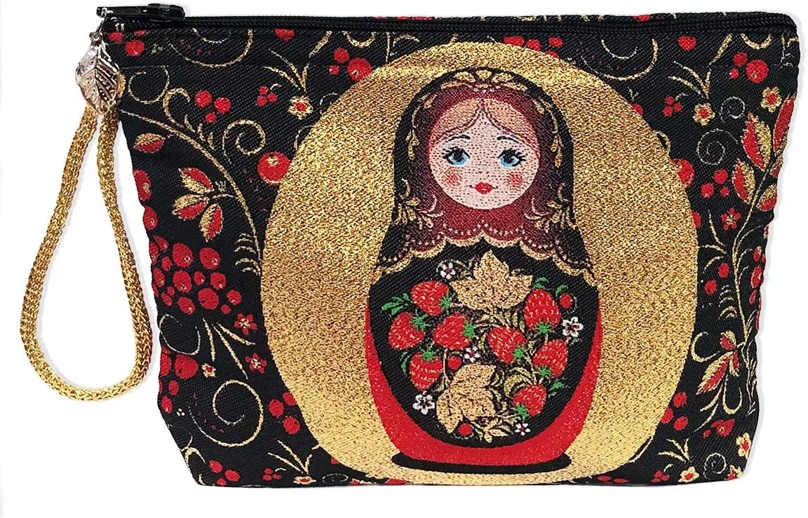 AWEHIRU Religious Gifts Russian Matryoshka Khokhloma Design Reversible Pouch Cosmetic Bag Purse 7 Inch
