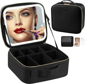AZ GOGO Travel Makeup Bag with LED Lighted Mirror,Makeup Train Case with Light up Mirror 3 Color Brightness, Waterproof Portable Cosmetic Bag Organizer (Black)