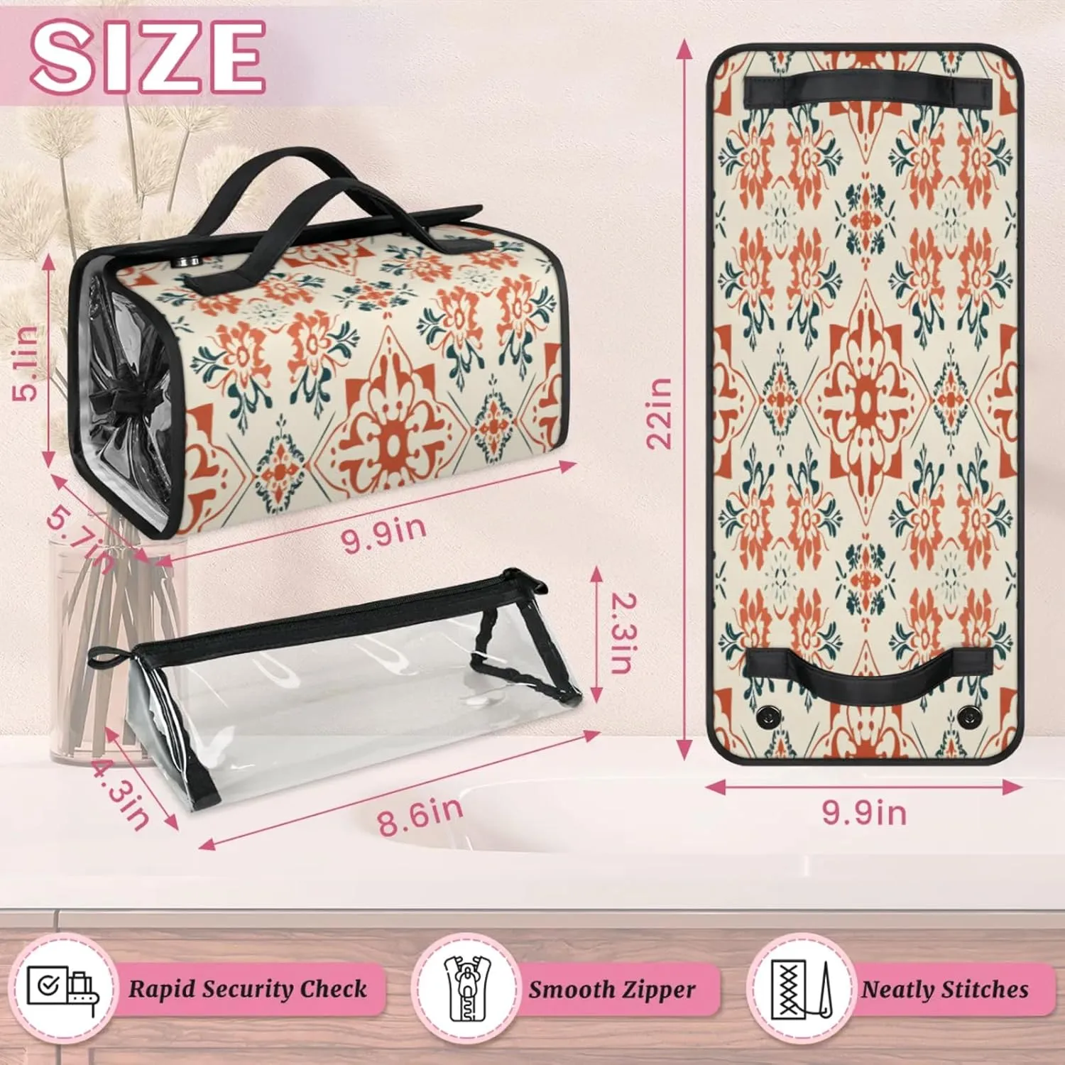Aztec Abstract Flower Toiletry Bag Water Proof Travel Makeup Case Large Capacity 4 in 1 Foldable Cosmetics Storage for Women Men Removable Zipper Clear PVC Pockets