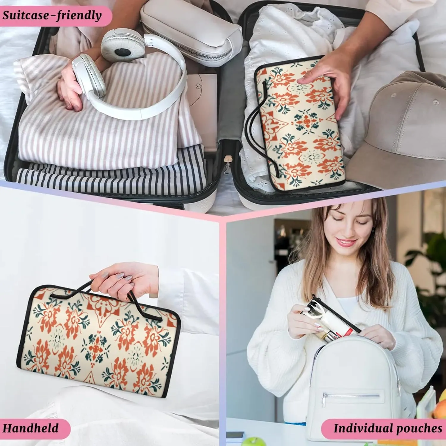 Aztec Abstract Flower Toiletry Bag Water Proof Travel Makeup Case Large Capacity 4 in 1 Foldable Cosmetics Storage for Women Men Removable Zipper Clear PVC Pockets