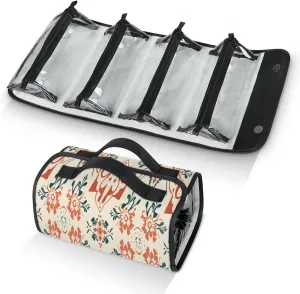 Aztec Abstract Flower Toiletry Bag Water Proof Travel Makeup Case Large Capacity 4 in 1 Foldable Cosmetics Storage for Women Men Removable Zipper Clear PVC Pockets