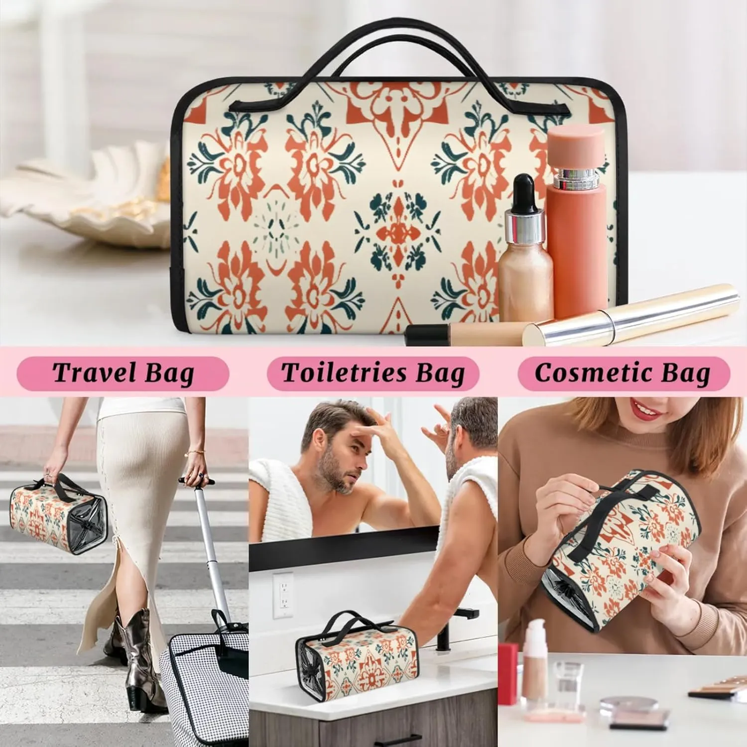 Aztec Abstract Flower Toiletry Bag Water Proof Travel Makeup Case Large Capacity 4 in 1 Foldable Cosmetics Storage for Women Men Removable Zipper Clear PVC Pockets