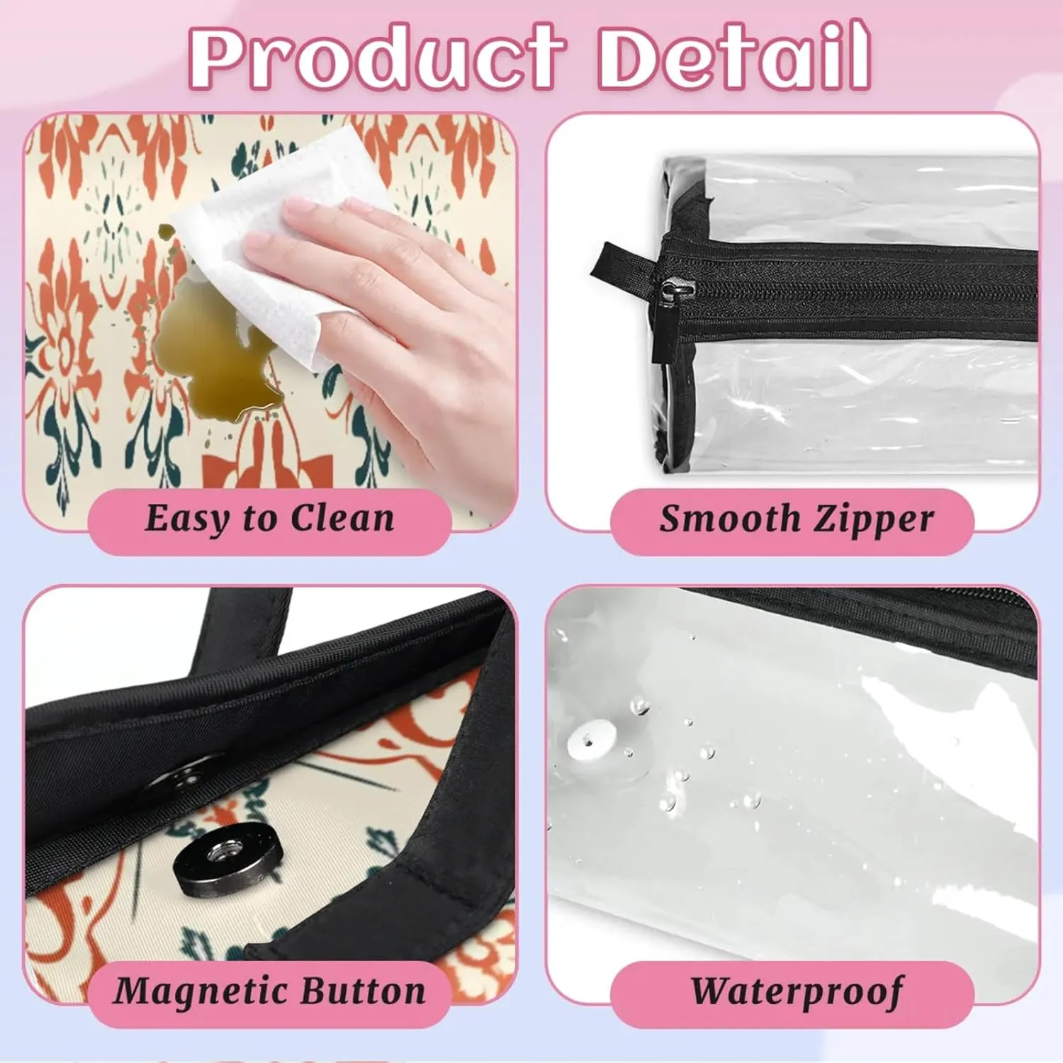 Aztec Abstract Flower Toiletry Bag Water Proof Travel Makeup Case Large Capacity 4 in 1 Foldable Cosmetics Storage for Women Men Removable Zipper Clear PVC Pockets