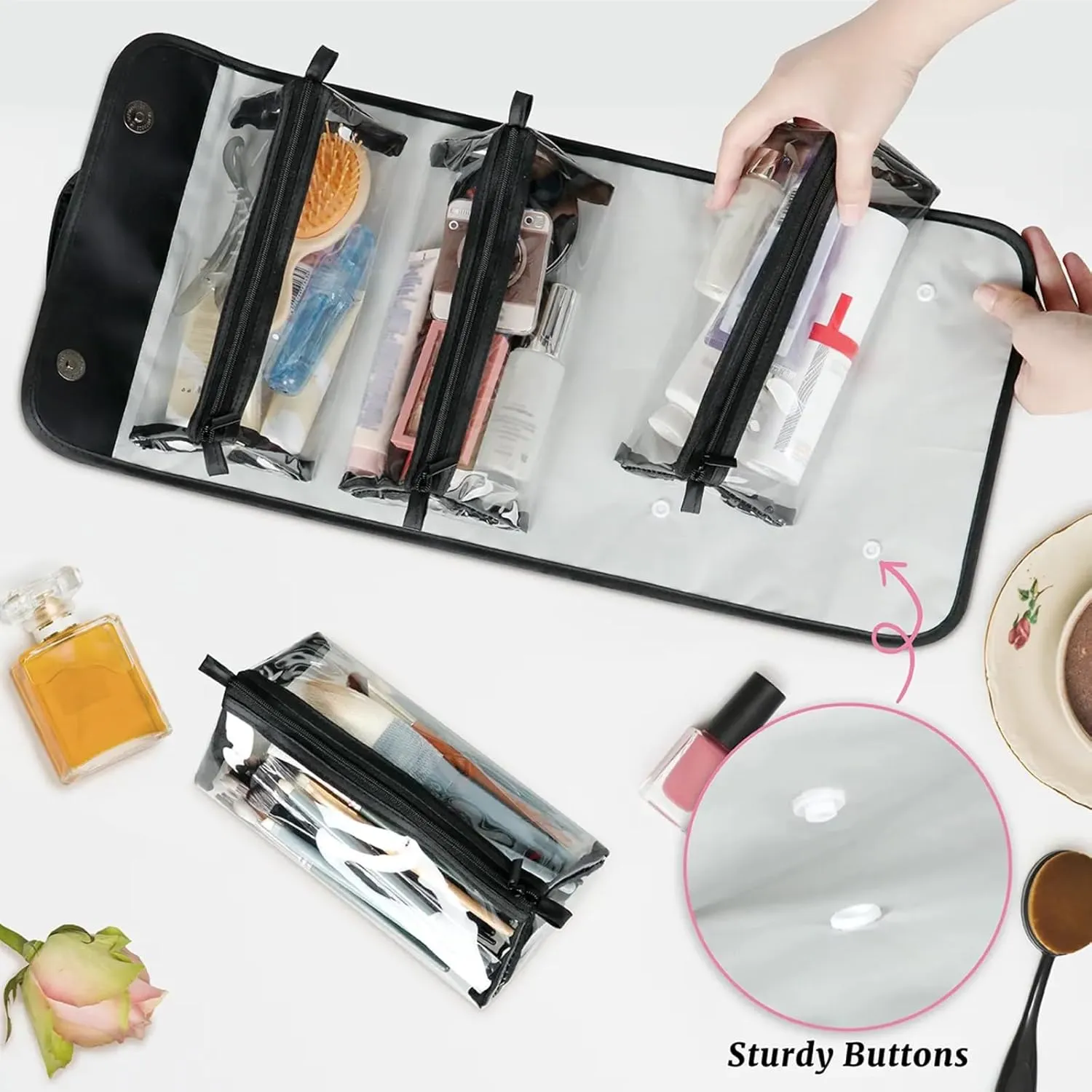 Aztec Abstract Flower Toiletry Bag Water Proof Travel Makeup Case Large Capacity 4 in 1 Foldable Cosmetics Storage for Women Men Removable Zipper Clear PVC Pockets