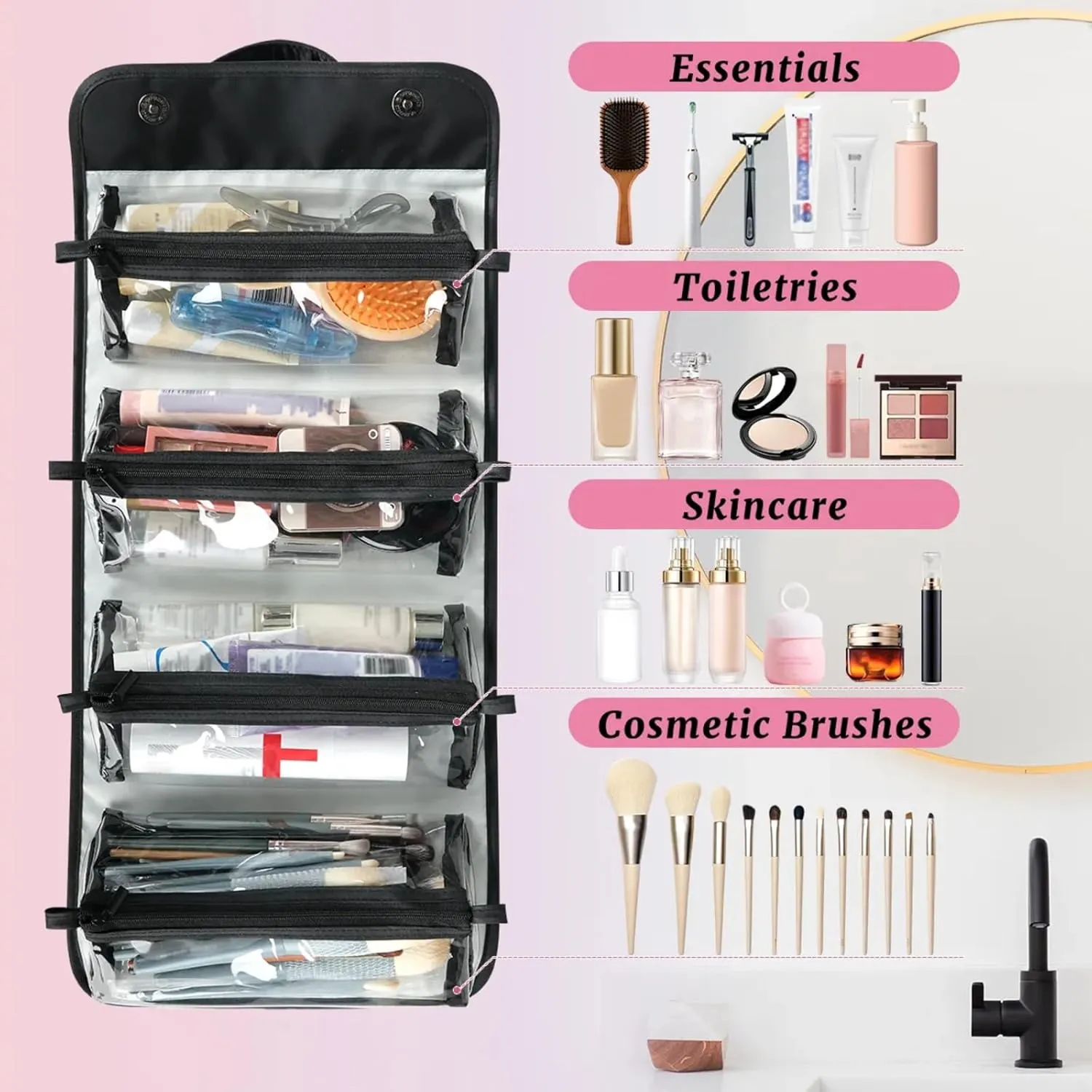 Aztec Abstract Flower Toiletry Bag Water Proof Travel Makeup Case Large Capacity 4 in 1 Foldable Cosmetics Storage for Women Men Removable Zipper Clear PVC Pockets
