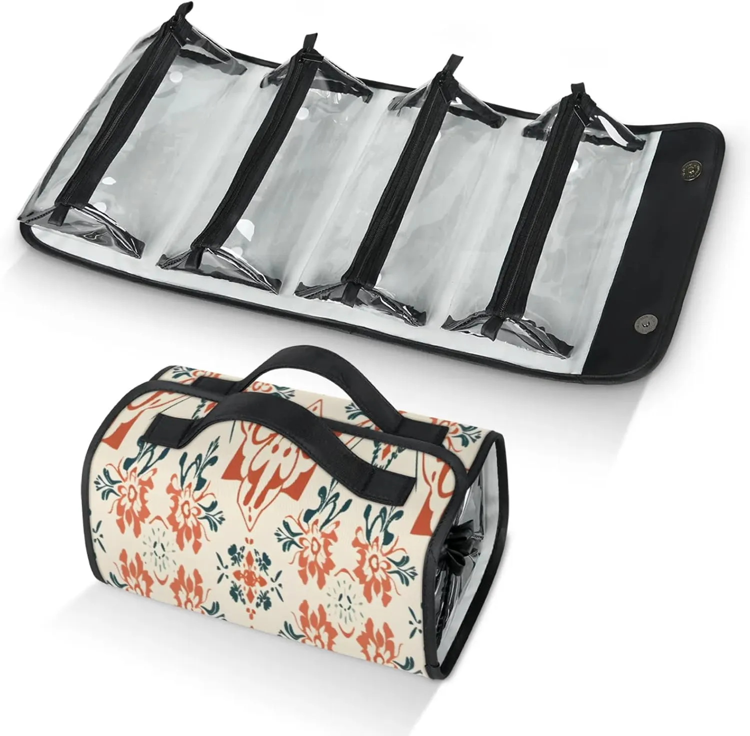 Aztec Abstract Flower Toiletry Bag Water Proof Travel Makeup Case Large Capacity 4 in 1 Foldable Cosmetics Storage for Women Men Removable Zipper Clear PVC Pockets