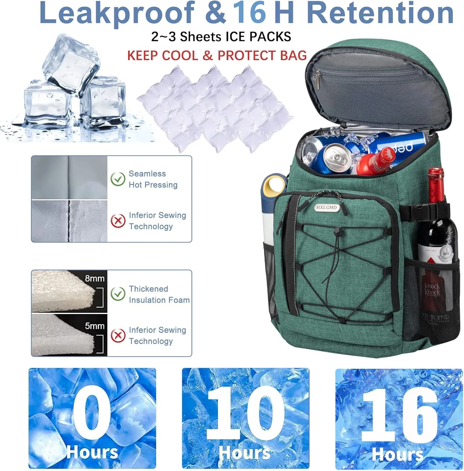 Backpack Coolers Insulated Leak Proof 30 Cans, Soft Sided Insulated Cooler Bags Ice Chest Backpack for Beach Travel Camping, with Reusable Ice Packs