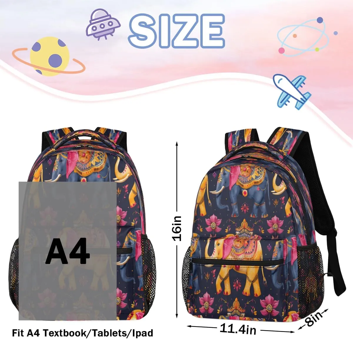 Backpack for Women Men, Waterproof Boho Elephants Casual Back Packs, Lightweight African Wildlife Daypack Bags for Travel Camping Work