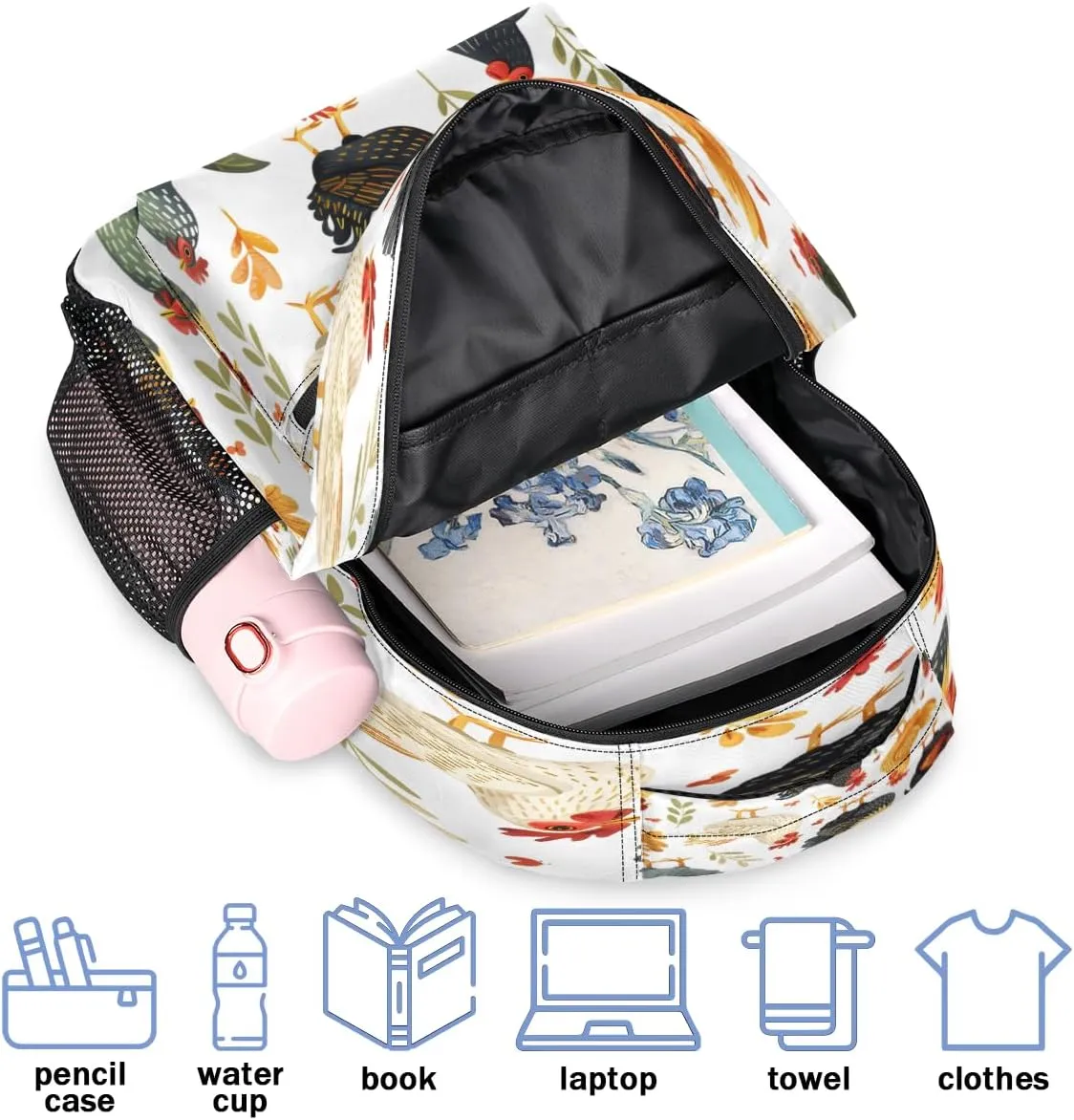 Backpack for Women Men, Waterproof Cartoon Rooster Casual Back Packs, Lightweight Farmhouse Chicken Daypack Bags for Travel Camping Work