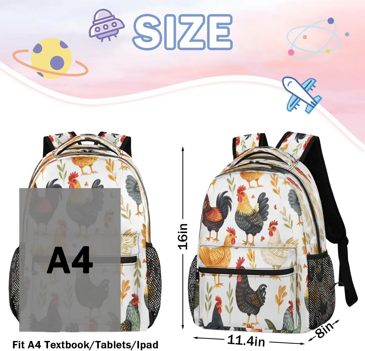 Backpack for Women Men, Waterproof Cartoon Rooster Casual Back Packs, Lightweight Farmhouse Chicken Daypack Bags for Travel Camping Work