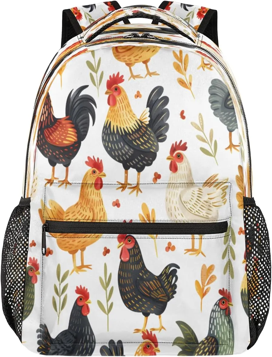 Backpack for Women Men, Waterproof Cartoon Rooster Casual Back Packs, Lightweight Farmhouse Chicken Daypack Bags for Travel Camping Work