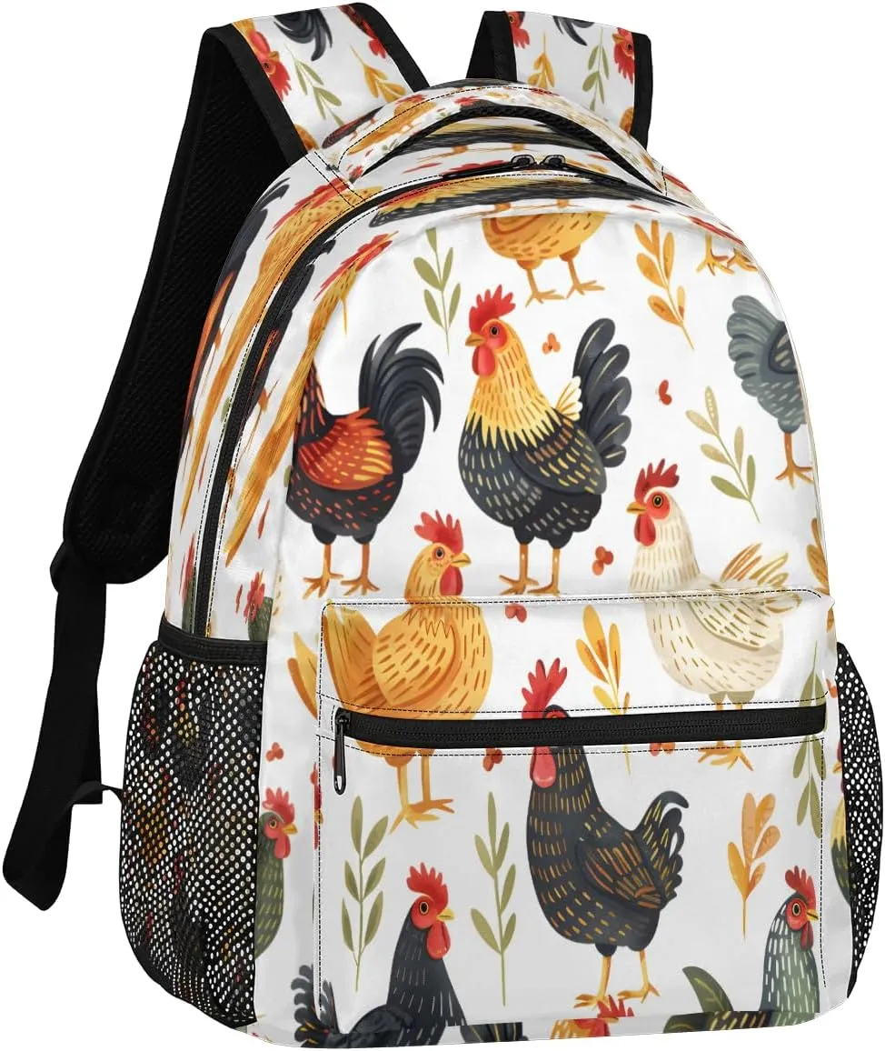 Backpack for Women Men, Waterproof Cartoon Rooster Casual Back Packs, Lightweight Farmhouse Chicken Daypack Bags for Travel Camping Work