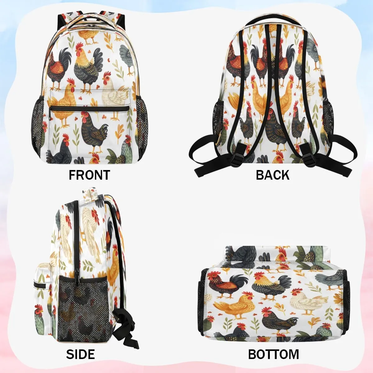 Backpack for Women Men, Waterproof Cartoon Rooster Casual Back Packs, Lightweight Farmhouse Chicken Daypack Bags for Travel Camping Work