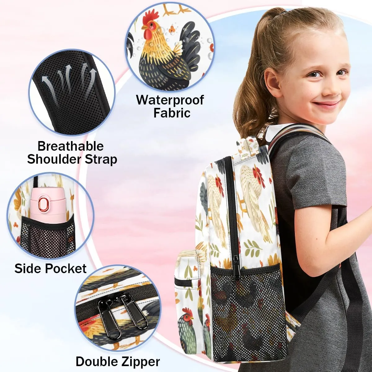 Backpack for Women Men, Waterproof Cartoon Rooster Casual Back Packs, Lightweight Farmhouse Chicken Daypack Bags for Travel Camping Work