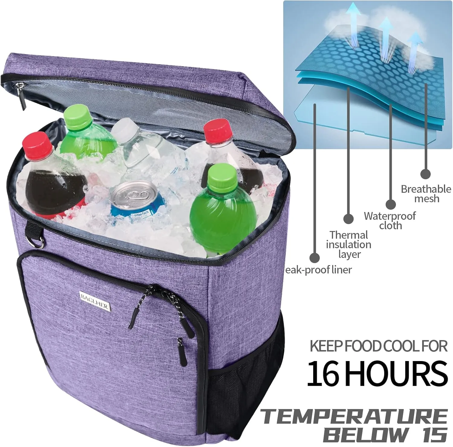BAGLHER Cooler Backpack, Leakproof 30 Cans Backpack Cooler Insulated Soft Cooler Bag, Lightweight 25L Lunch Box Backpack Cooler Bag for Men Women Adult Camping