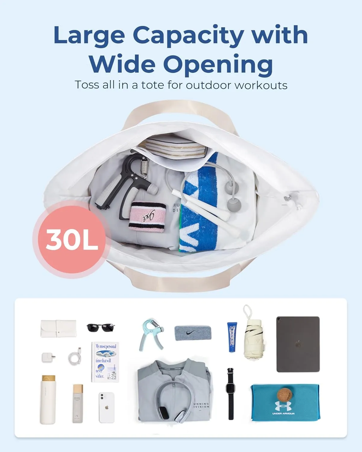 BAGSMART Travel Tote Bag for Women, Foldable Beach Bag With Zipper, 30L Large Gym Tote for Everyday