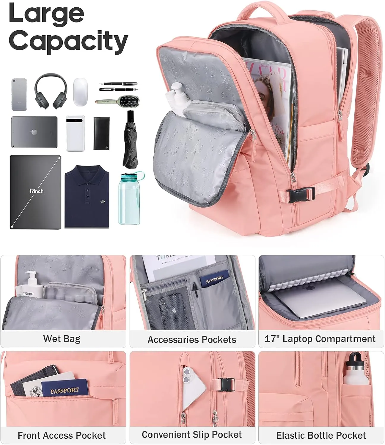 Bagsure Large Travel Backpack for Women Men, 45L Expandable Carry On Backpack, 17 Inch Laptop Backpack Waterproof College Business, Flight Approved