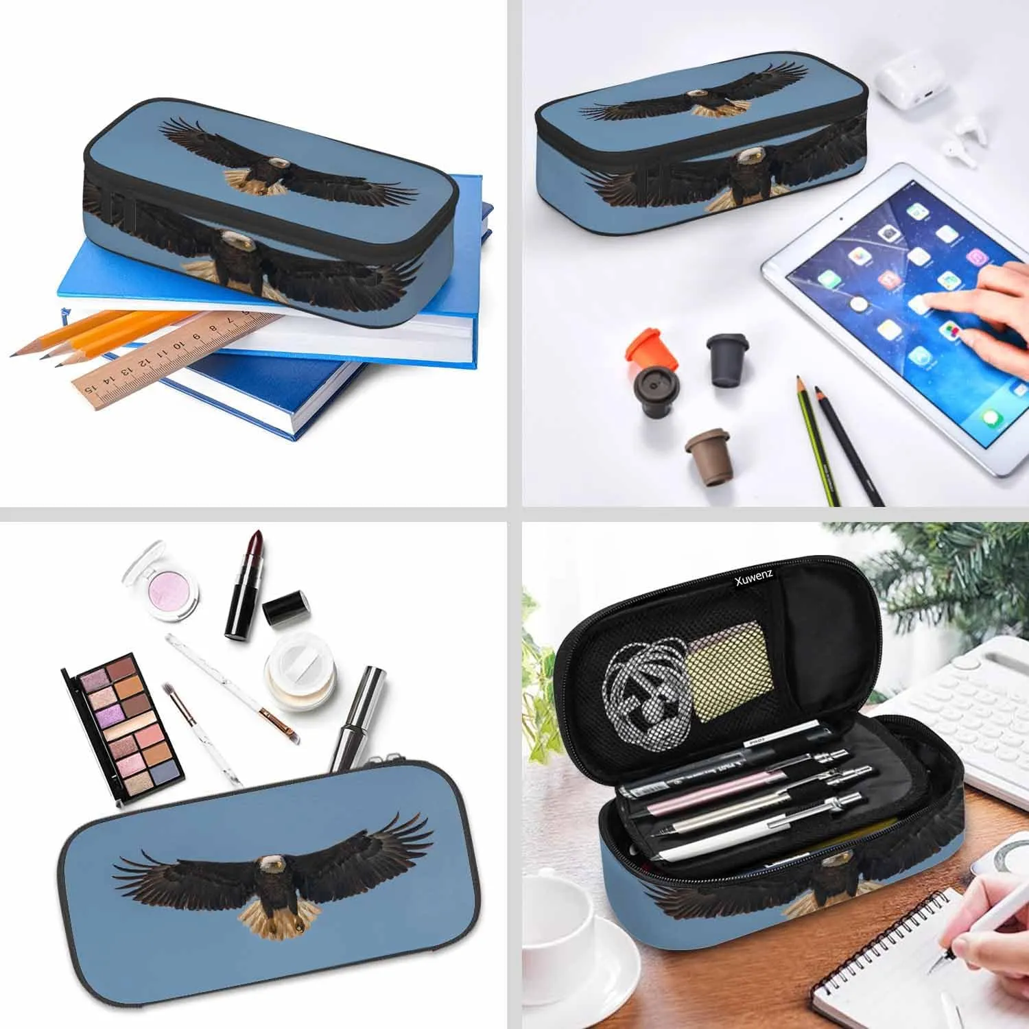 Bald Eagle Pencil Bag Animal Bird Black Wings Blue Big Capacity Pencil Case Pencil Pouch Pen Bag for Teen Men Women