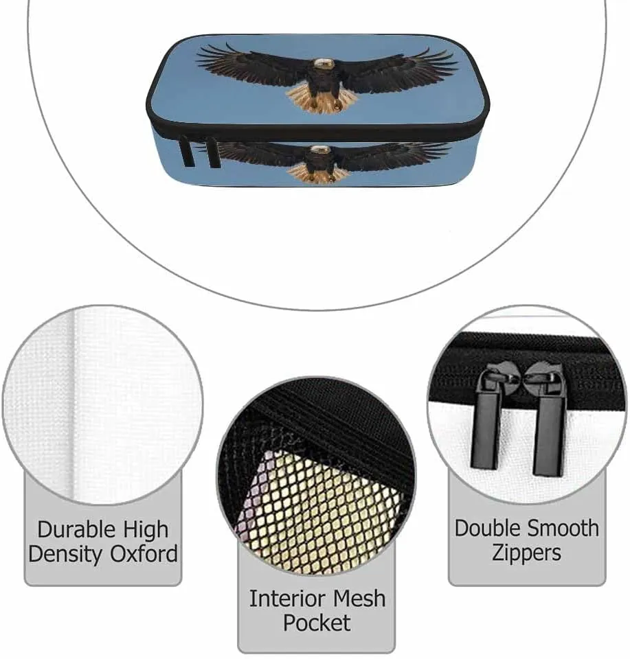 Bald Eagle Pencil Bag Animal Bird Black Wings Blue Big Capacity Pencil Case Pencil Pouch Pen Bag for Teen Men Women