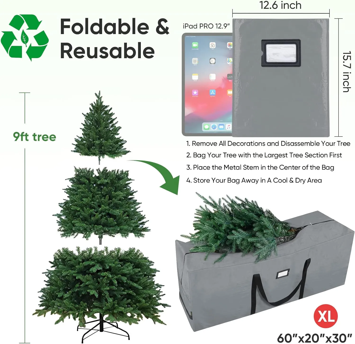 BALEINE 9 ft Christmas Tree Storage Bag, Heavy Duty Extra Large Artificial Christmas Tree Bag with Reinforced Handles and Dual Zippers Wide Opening (Gray, 9 ft)