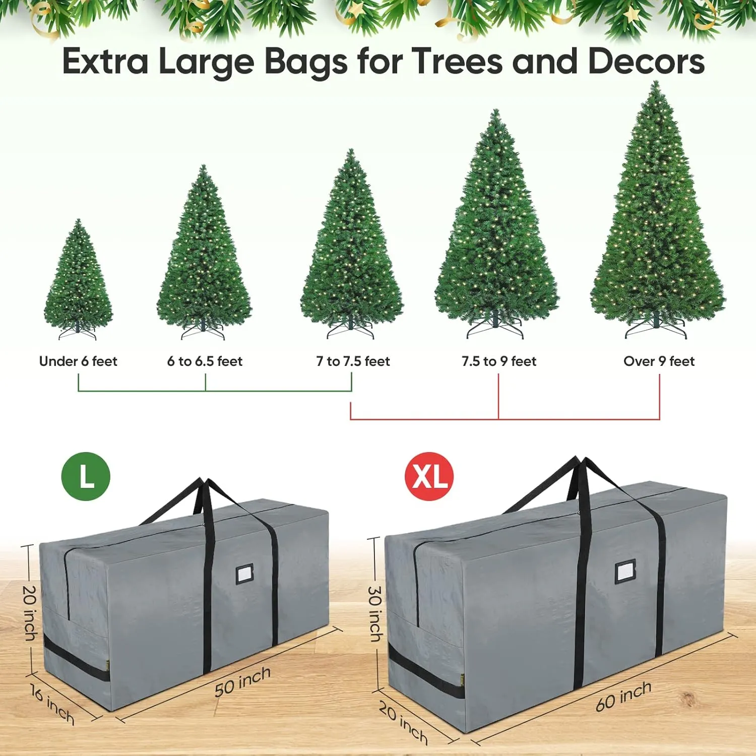 BALEINE 9 ft Christmas Tree Storage Bag, Heavy Duty Extra Large Artificial Christmas Tree Bag with Reinforced Handles and Dual Zippers Wide Opening (Gray, 9 ft)