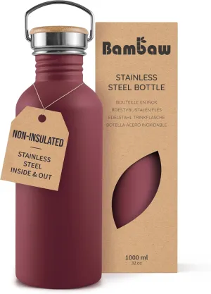 Bambaw Non-insulated 32 oz Water Bottle, Reusable Water Bottle Red, Single Wall Stainless Steel Water Bottle, Travel Water Bottle 32oz, Metal Water Bottle with Handle – Red Berry