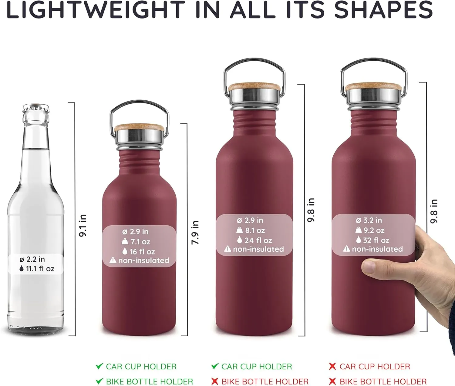 Bambaw Non-insulated 32 oz Water Bottle, Reusable Water Bottle Red, Single Wall Stainless Steel Water Bottle, Travel Water Bottle 32oz, Metal Water Bottle with Handle – Red Berry