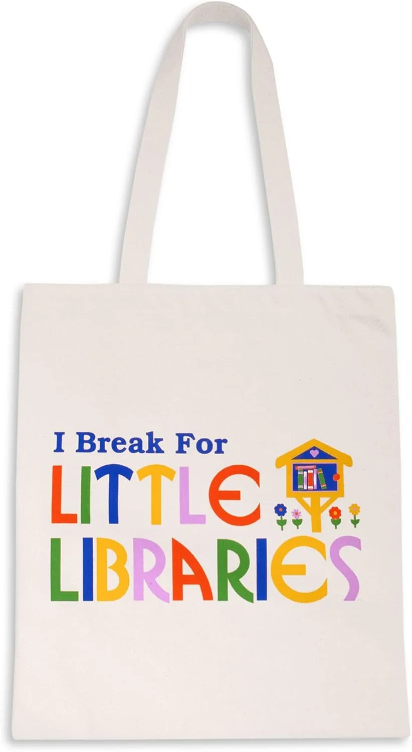 ban.do Big Canvas Bag with Shoulder Strap, Lightweight Reusable Travel Tote for Books, Beach or Produce, I Break for Little Libraries