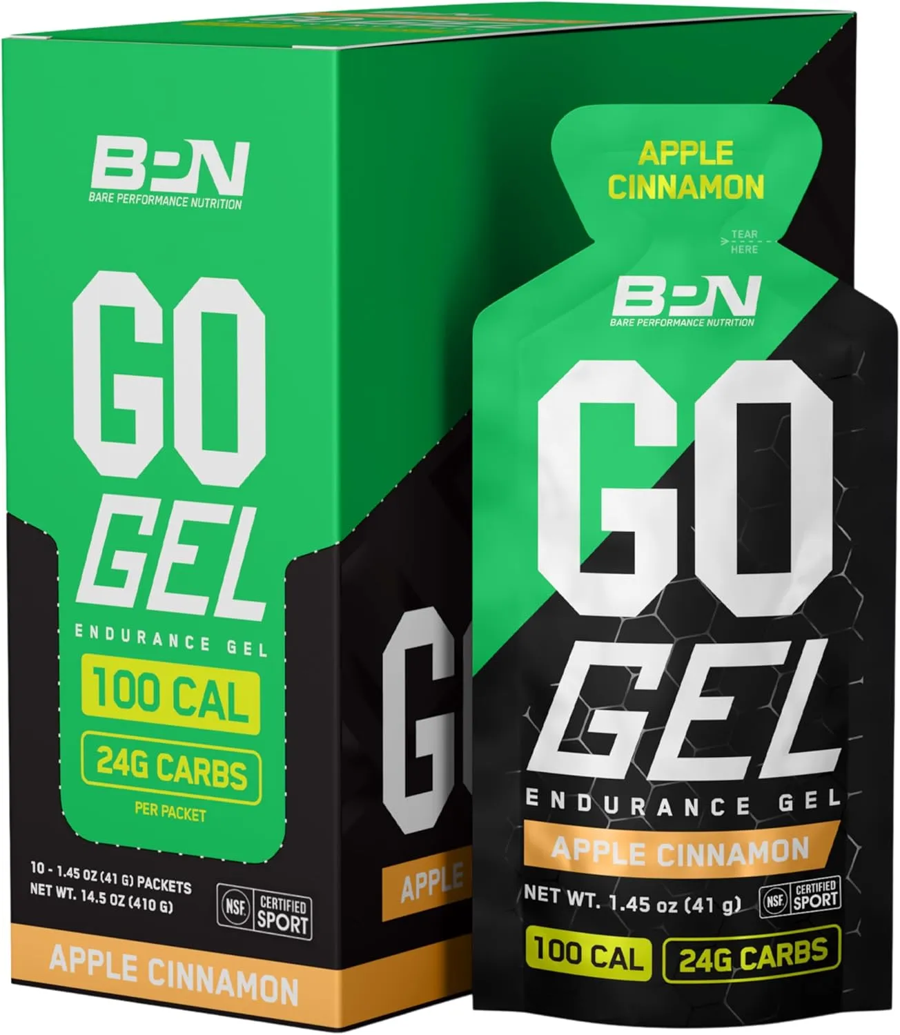 BARE PERFORMANCE NUTRITION, BPN Go Gel Endurance, 24g of Carbohydrates & 100 Calories per Pack, Vegan   Gluten Free Running Gel, 10 Single-Serving Packs, Apple Cinnamon