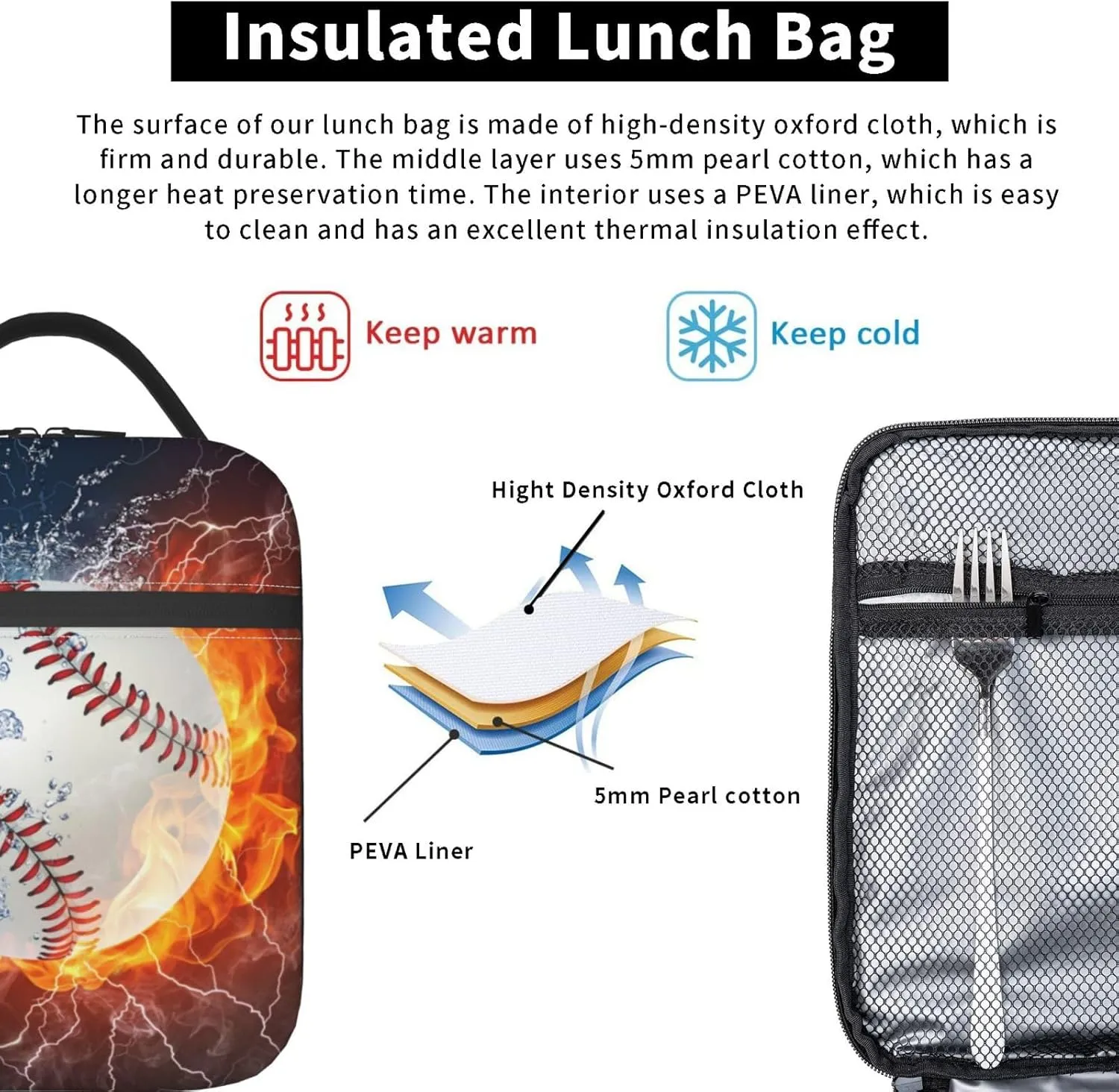 Baseball Reusable Lunch Box Insulation Lunch Bag Containers Tote Handbag Ice Packs For Women Men Teens Girls